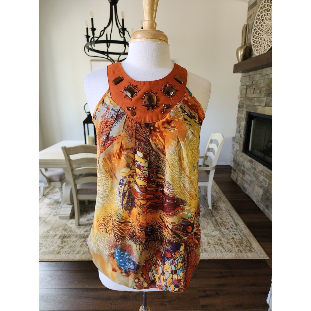 Y2K Abstract Butterfly Print Halter Top Beaded Jewel Neck Blouse
